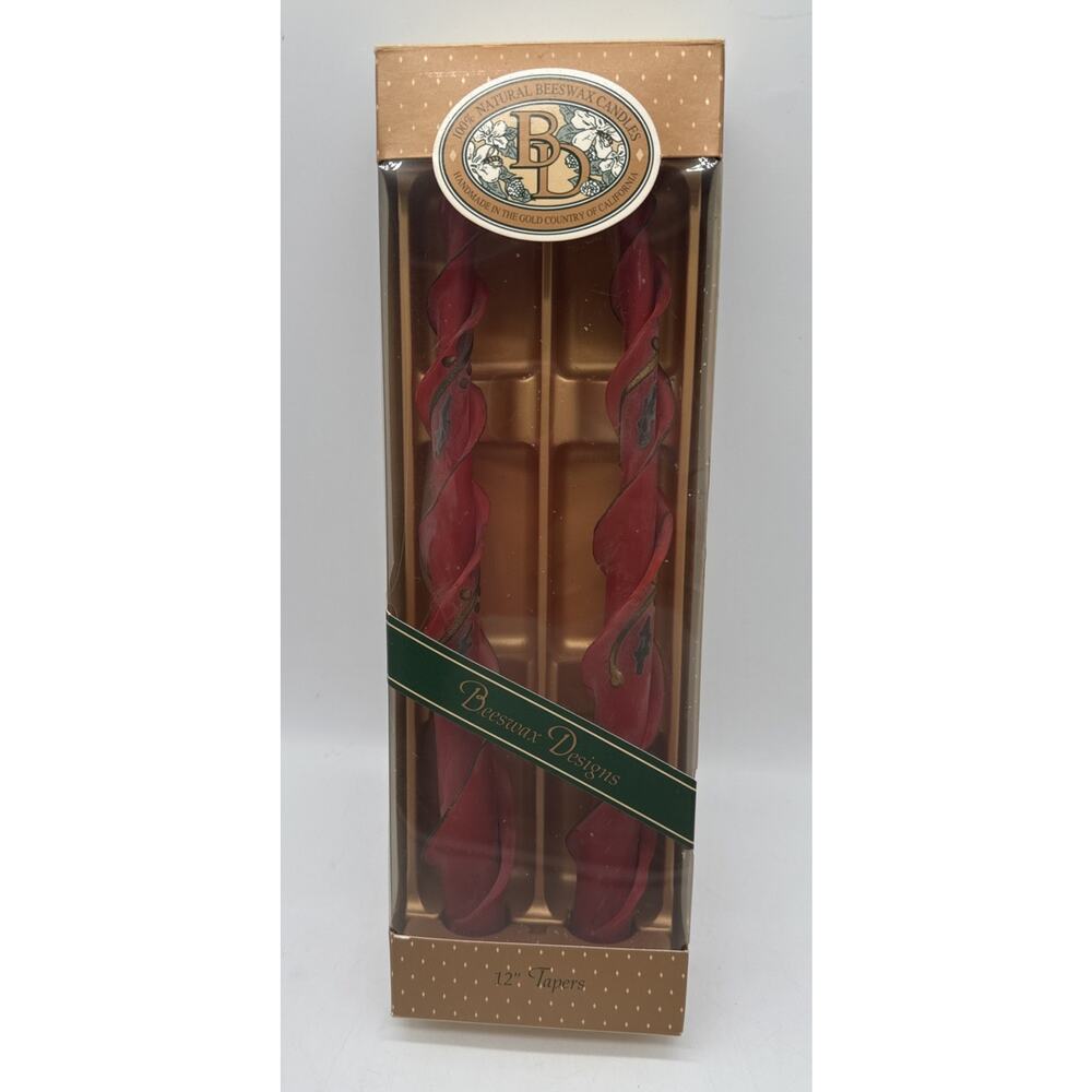 Beeswax Design 12” Taper Spiral Candle Holly Red Black Edge
